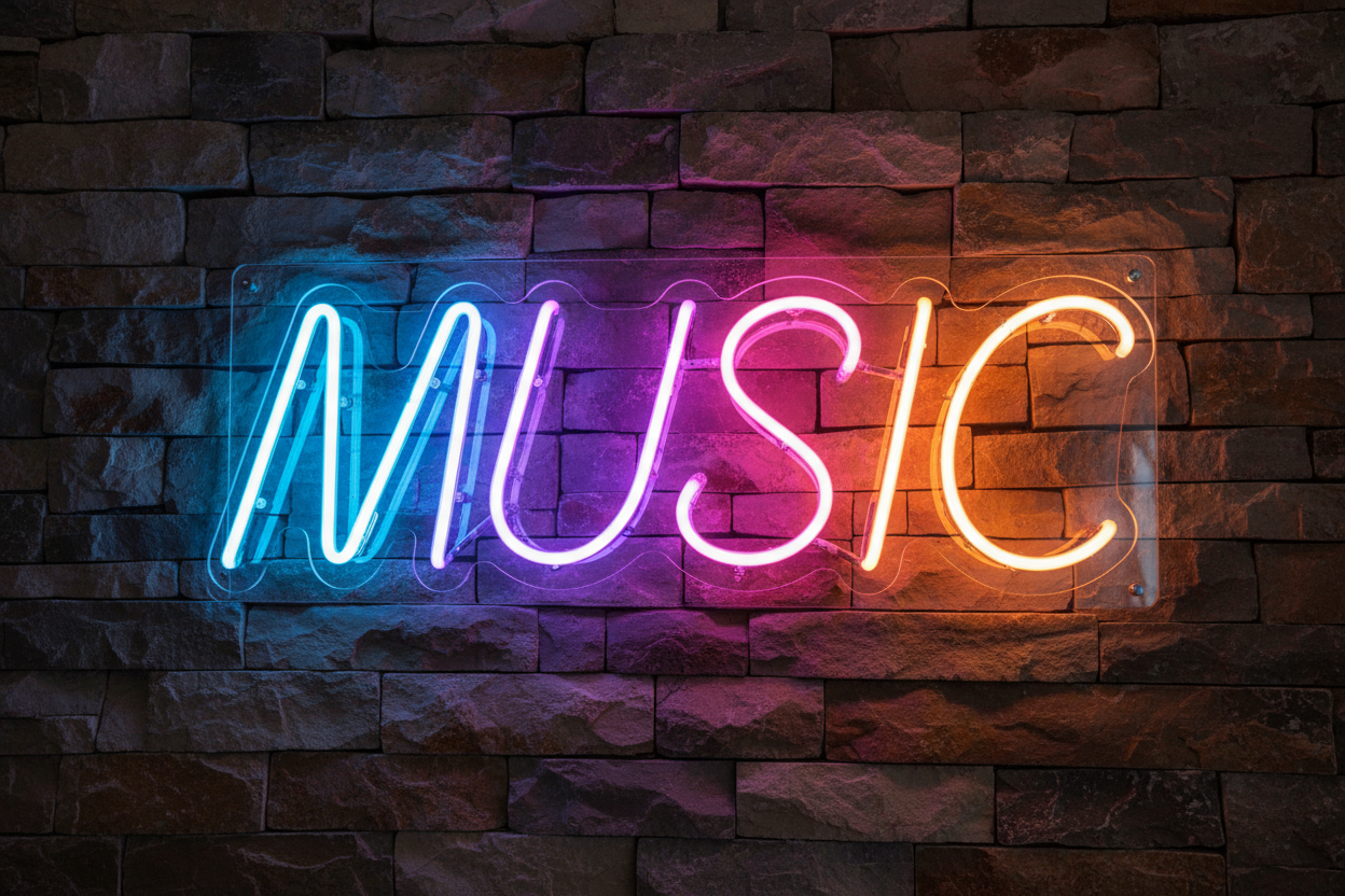 Scritta neon "music" su plexiglass da 8 mm realizzala molto realistica , installazione in un muro a sassi, senza riflessi senza cavi